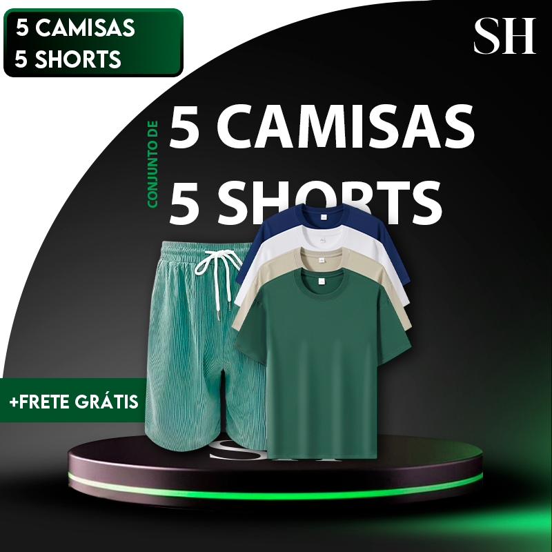 Conjunto de 5 Camisas T-Shirt Anti Odor Lisas + 5 Shorts de Linho