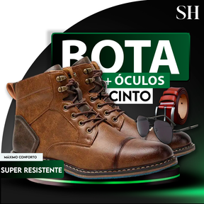 Bota de Couro Legítimo Ortopédica e Solado Antiderrapante Adventure + BRINDE: 1 Óculos e 1 Cinto de Couro