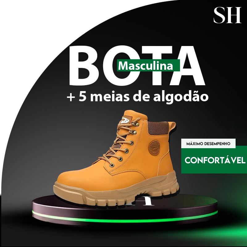 Bota Masculina Ortopédica com Solado Tratorado Cano Alto +BRINDE: 5 Pares de Meia 100% Algodão