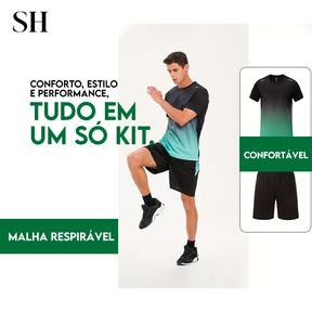 Kit de 4 Conjuntos Completos de Camisa e Short T-Shirt Fitness Respirável