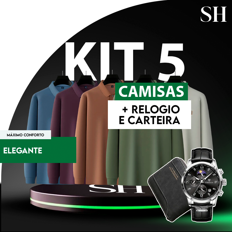 Kit 5 Camisas Polo Manga Longa +BRINDES: Relógio de Luxo e Carteira